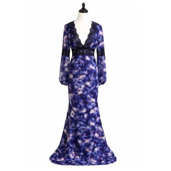 Badgley Mischka Bethany Gown Size 0 Blue Black Long Sleeve Lace Maxi Dress - Picture 2 of 9